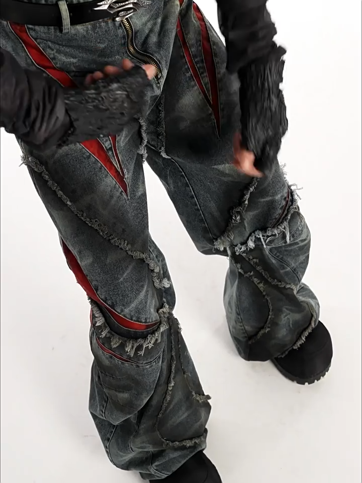 Distressed Wide-Leg Jeans with Leather Inlay Pattern