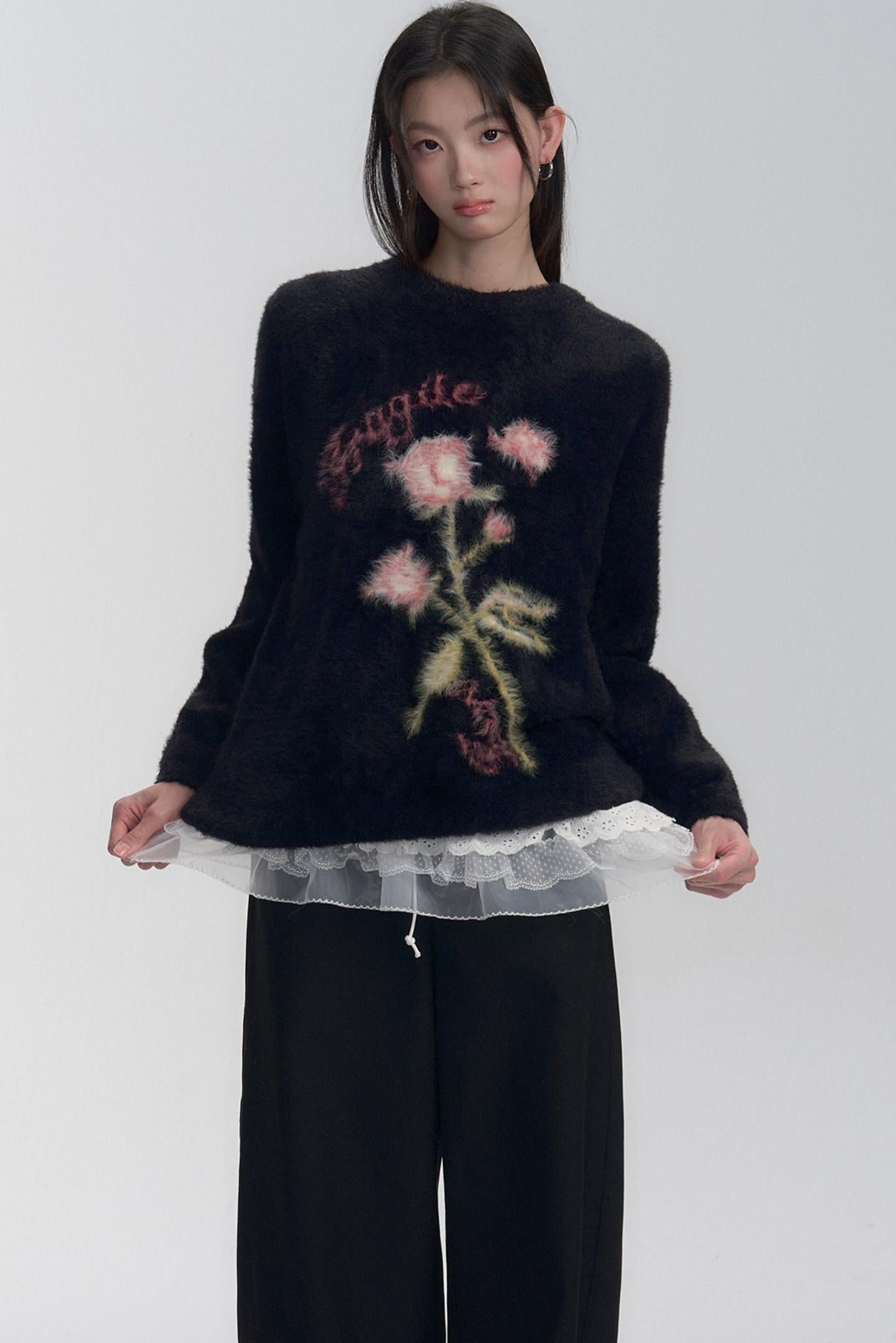 Floral Embroidered Fuzzy Sweater