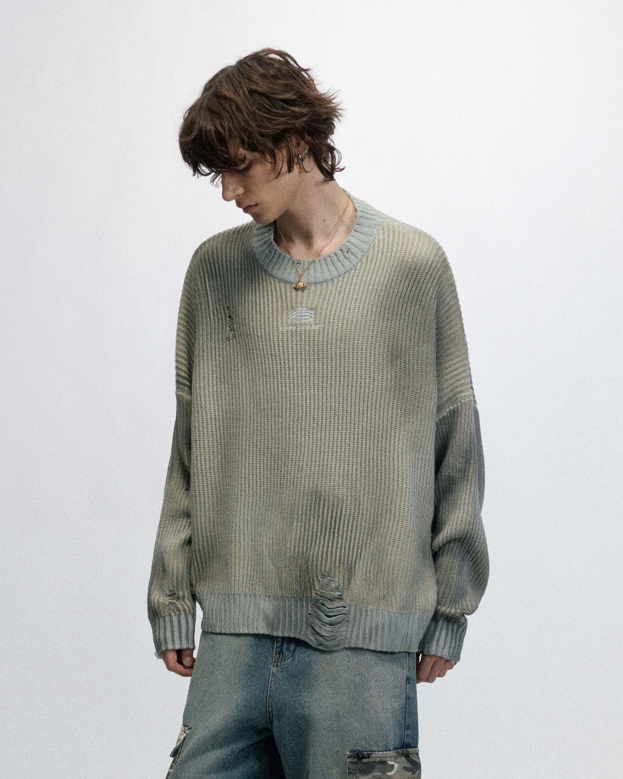 Distressed Ribbed Logo Sweater