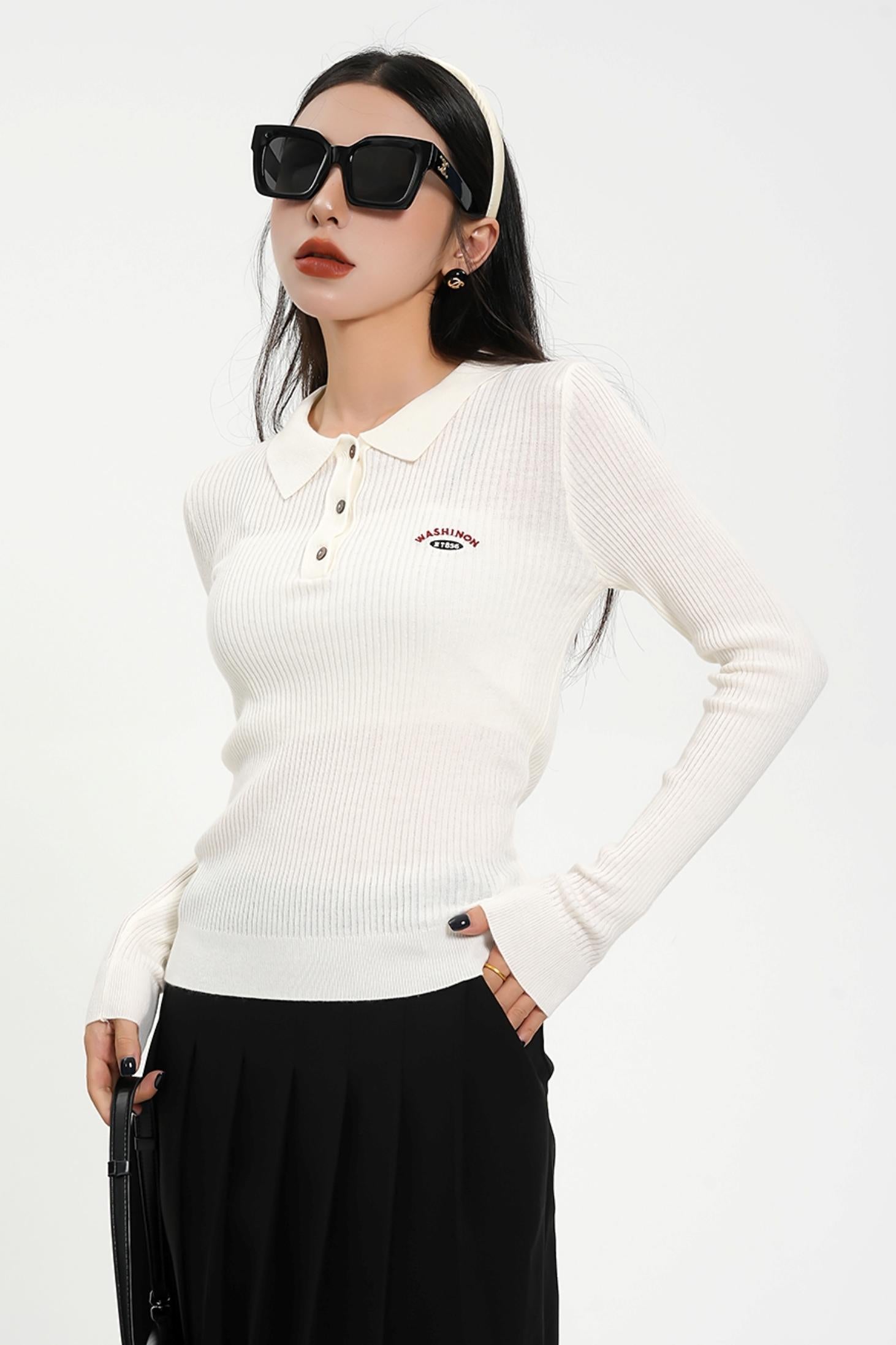 Long Sleeve Henley Sweater - Ribbed Knit Pullover with Embroidered Detail