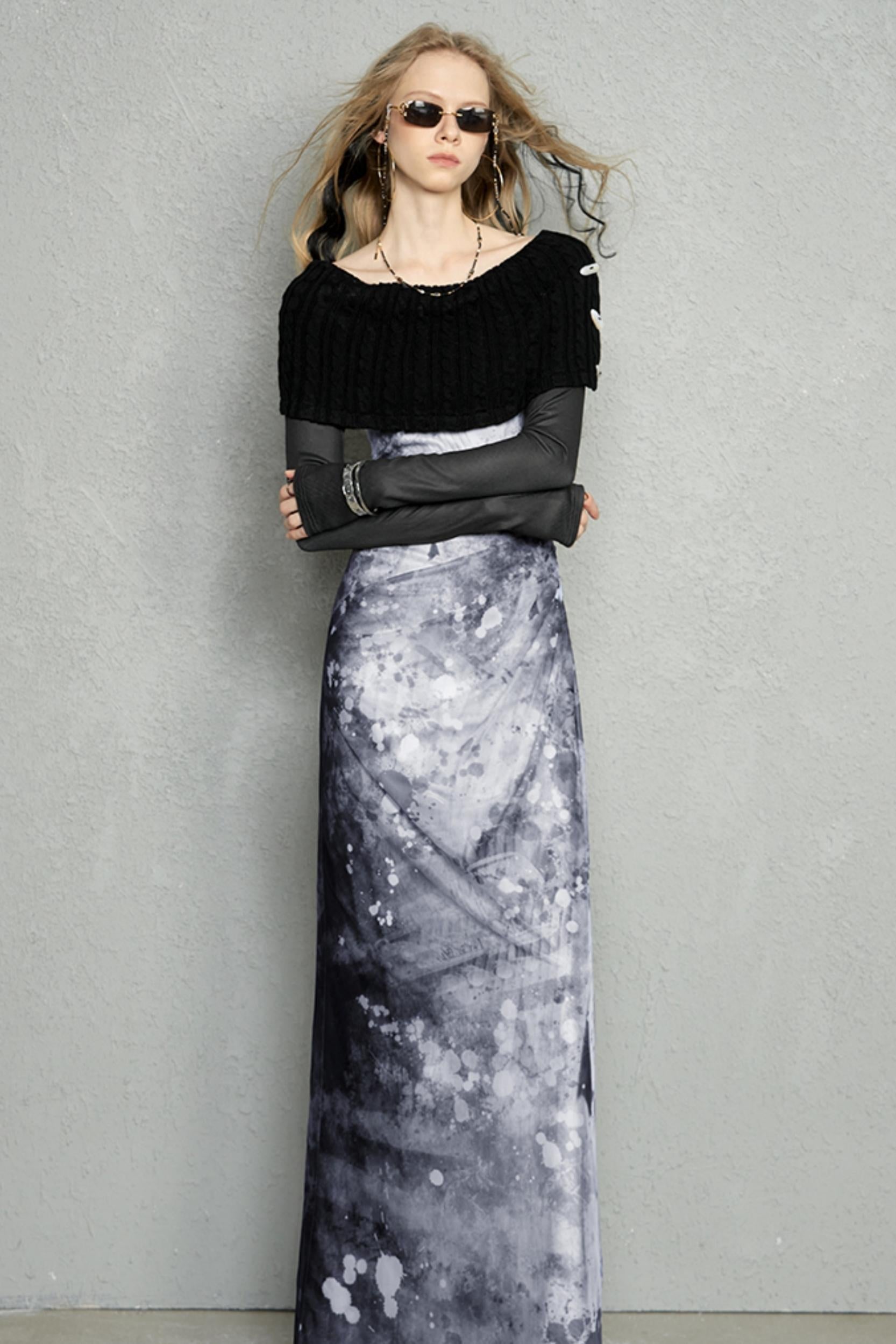 Abstract Paint Off-Shoulder Maxi Dress