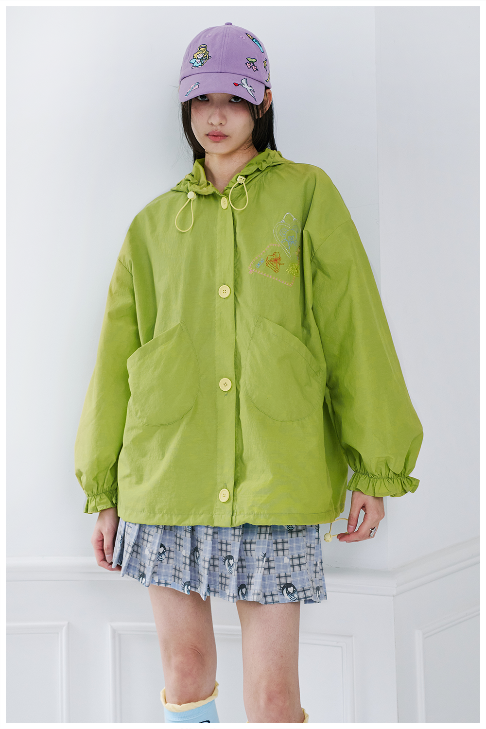 Green Hooded Button-Up Windbreaker Jacket
