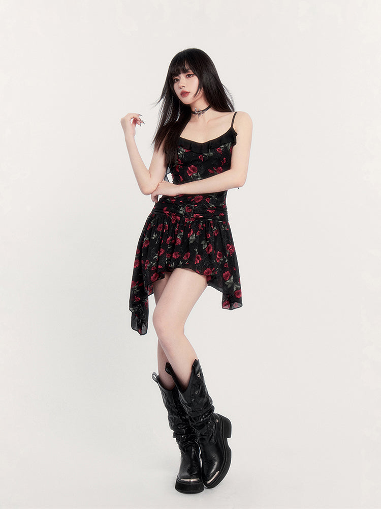 Floral Print Gothic Mini Dress with Asymmetric Hem