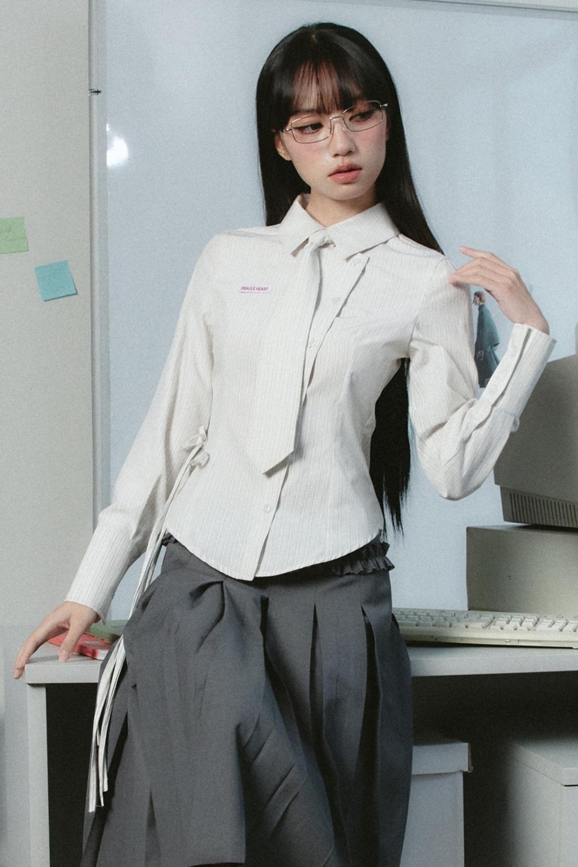 Avant-Garde Asymmetric White Button-Up Shirt with Side Tie Detail