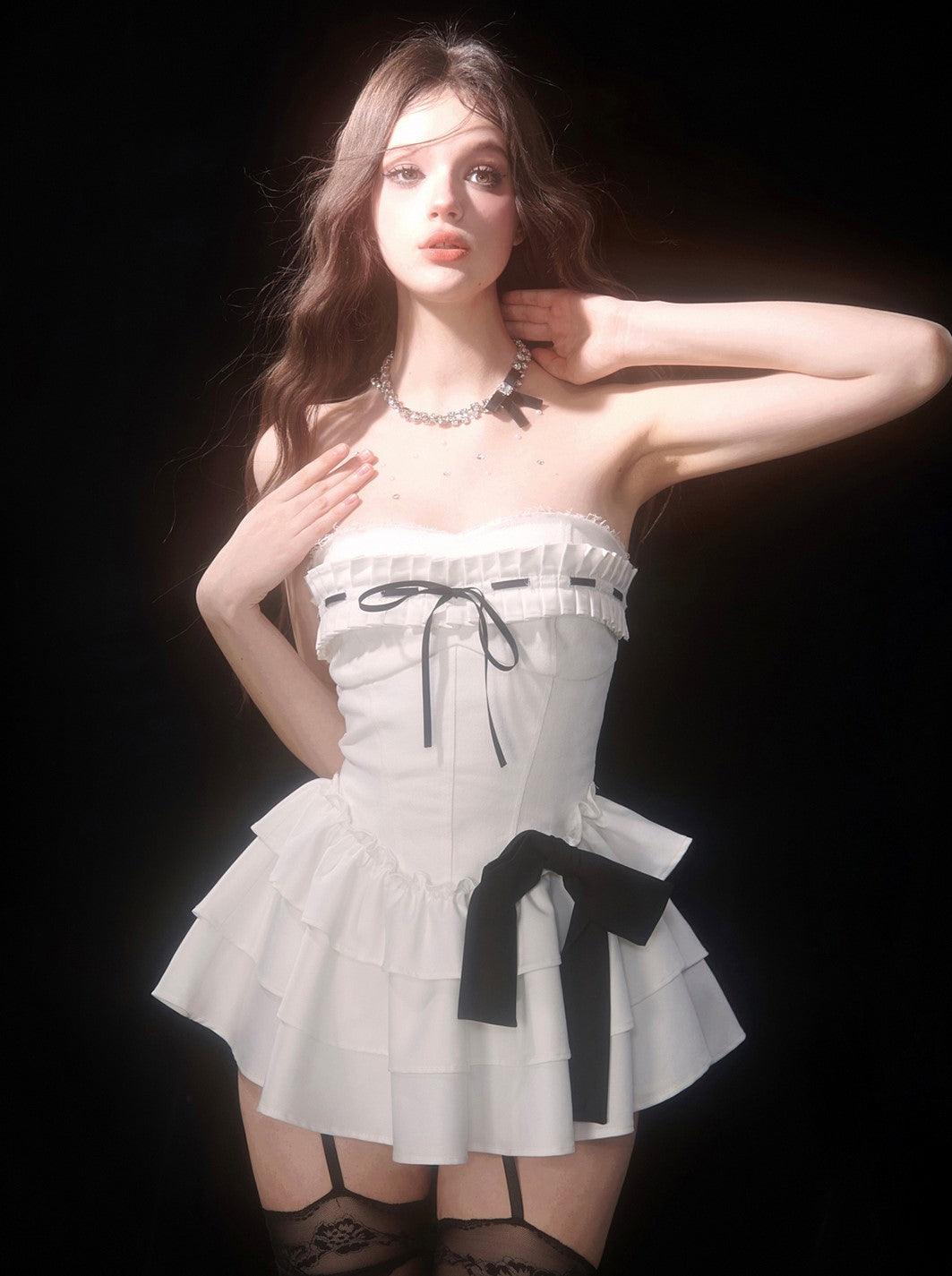 Elegant Black and White Strapless Cake Dress - chiclara