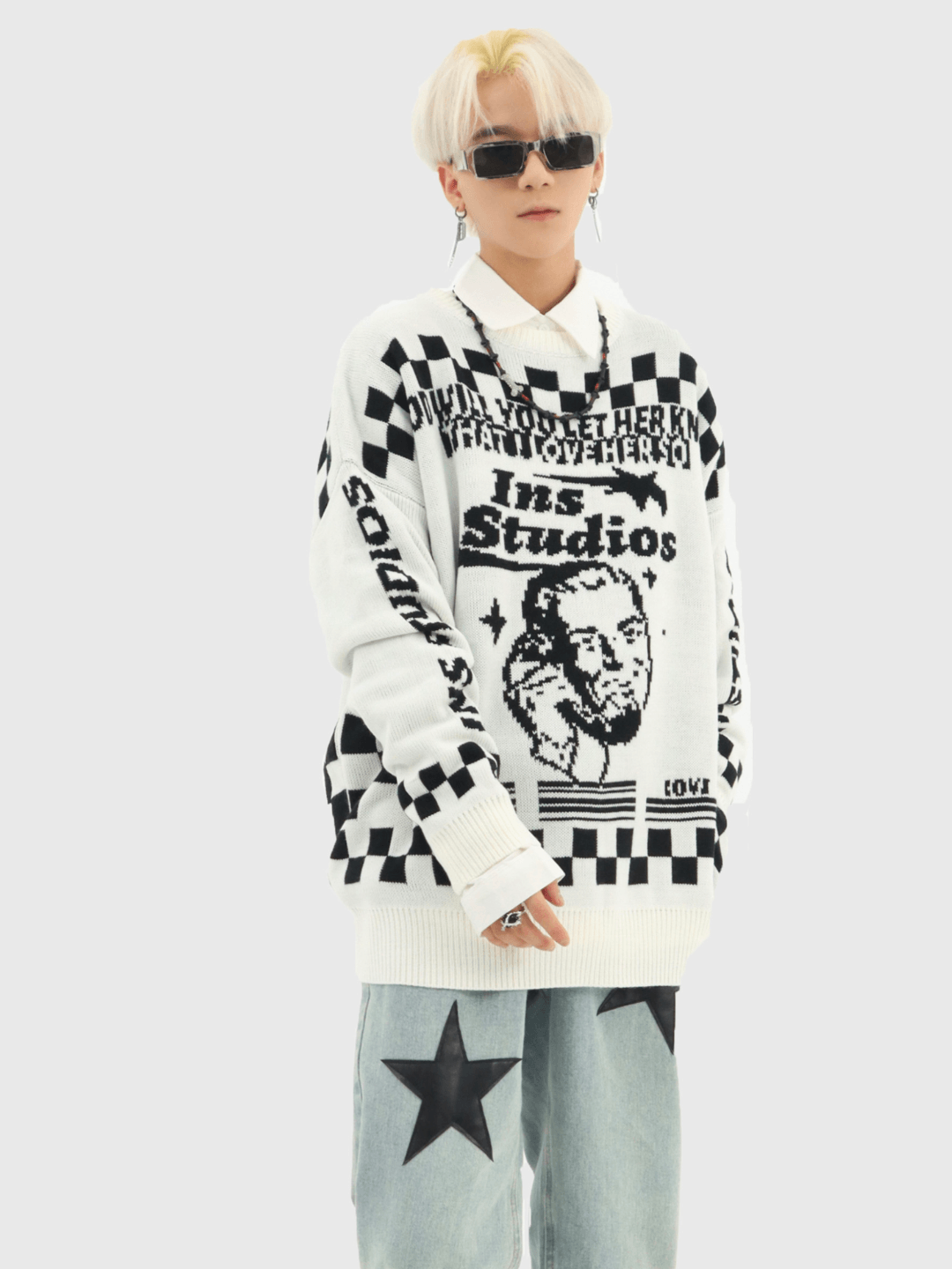 Bold Checkerboard Patterned Sweater - chiclara