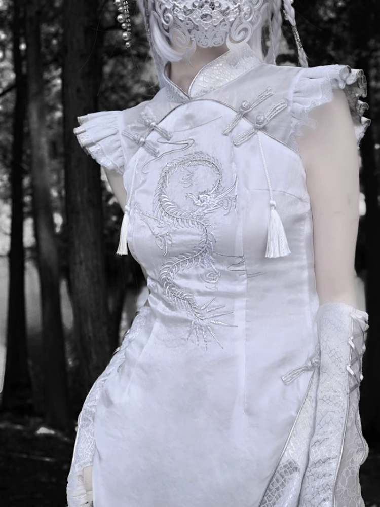 White Dragon Qipao Dress