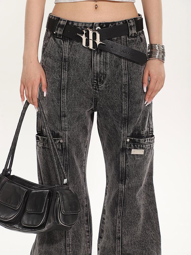 Full-Length Washed and Distressed Straight-Leg Jeans - chiclara