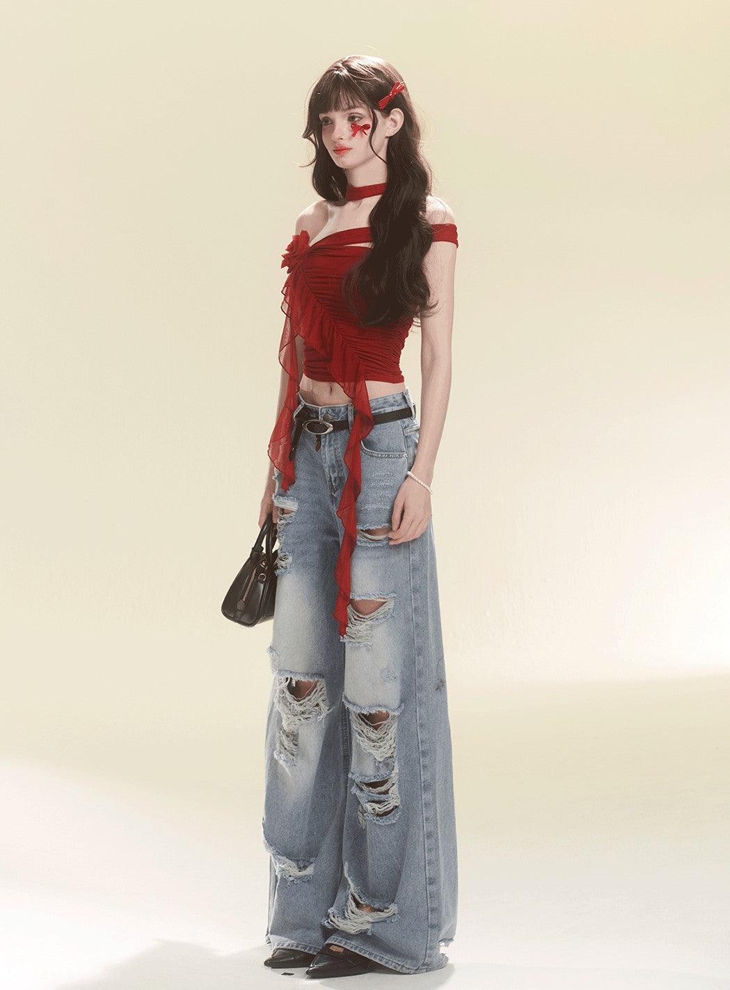 Stylish Red Tube Top and Denim Pants Set - chiclara