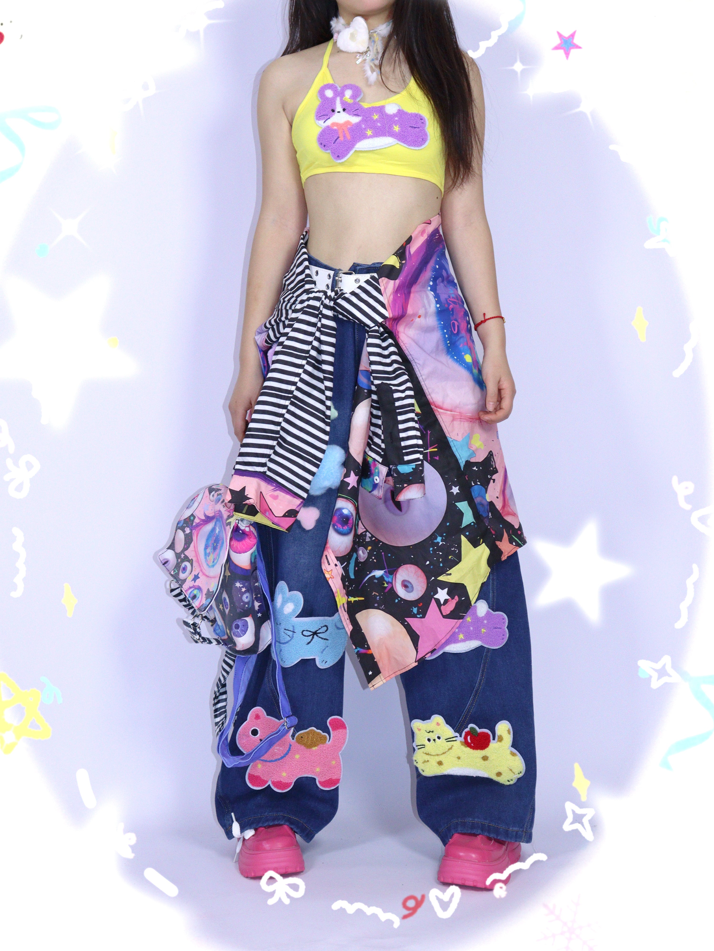 Kawaii Animal Patch Wide Leg Jeans