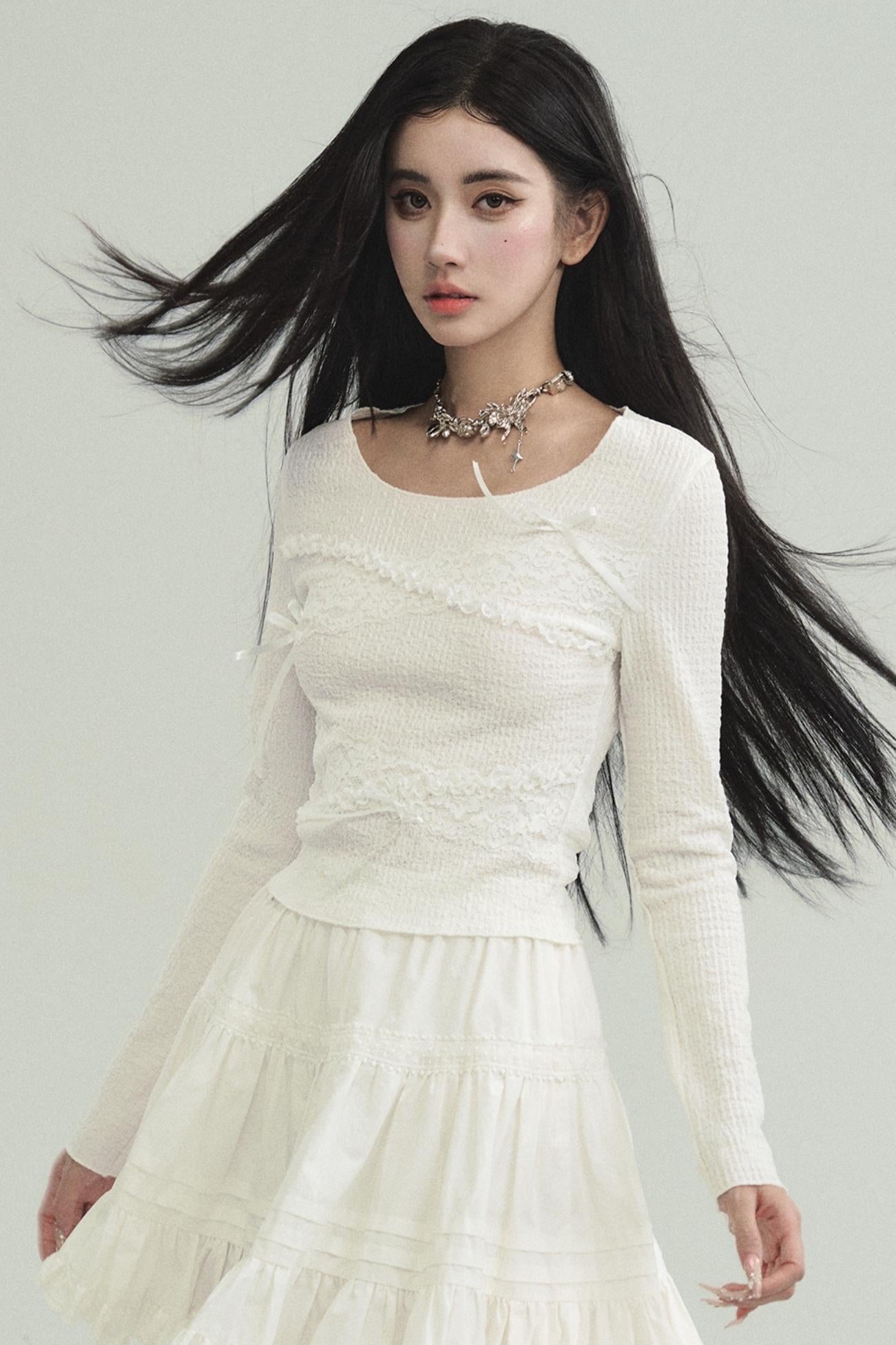 Ethereal Elegance: Ivory Long-Sleeve Crop Top with Asymmetrical Lace Overlay