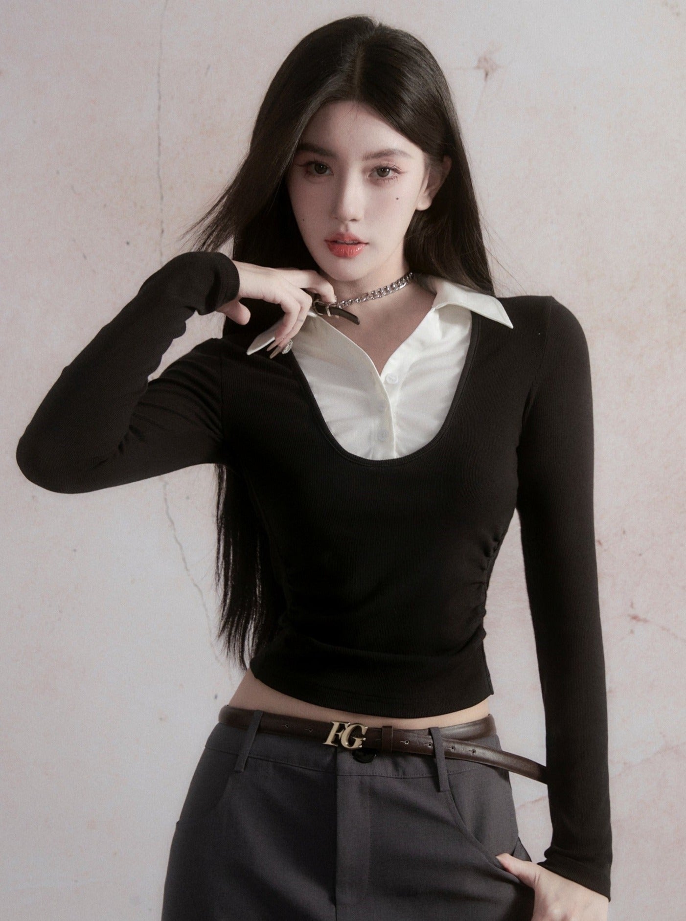 Collared Contrast Long Sleeve Crop Top