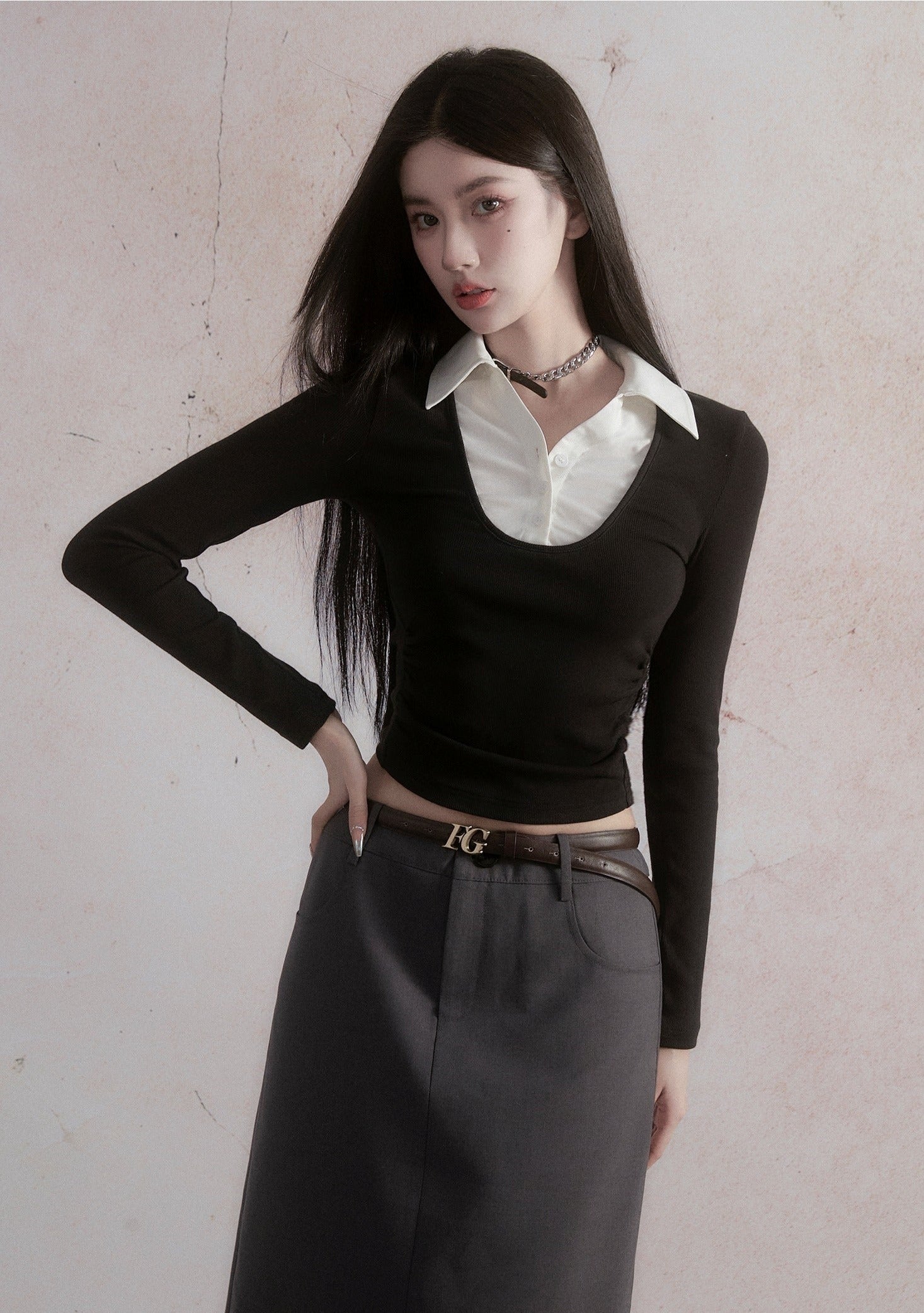 Collared Contrast Long Sleeve Crop Top