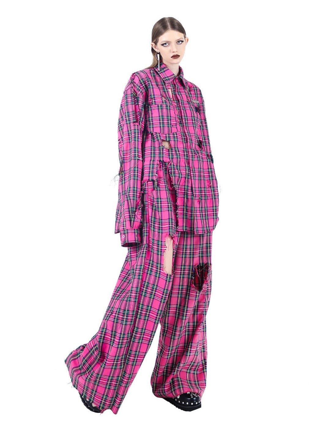 PINKSPINK Oversized Punk Plaid Shirt - Hot Pink