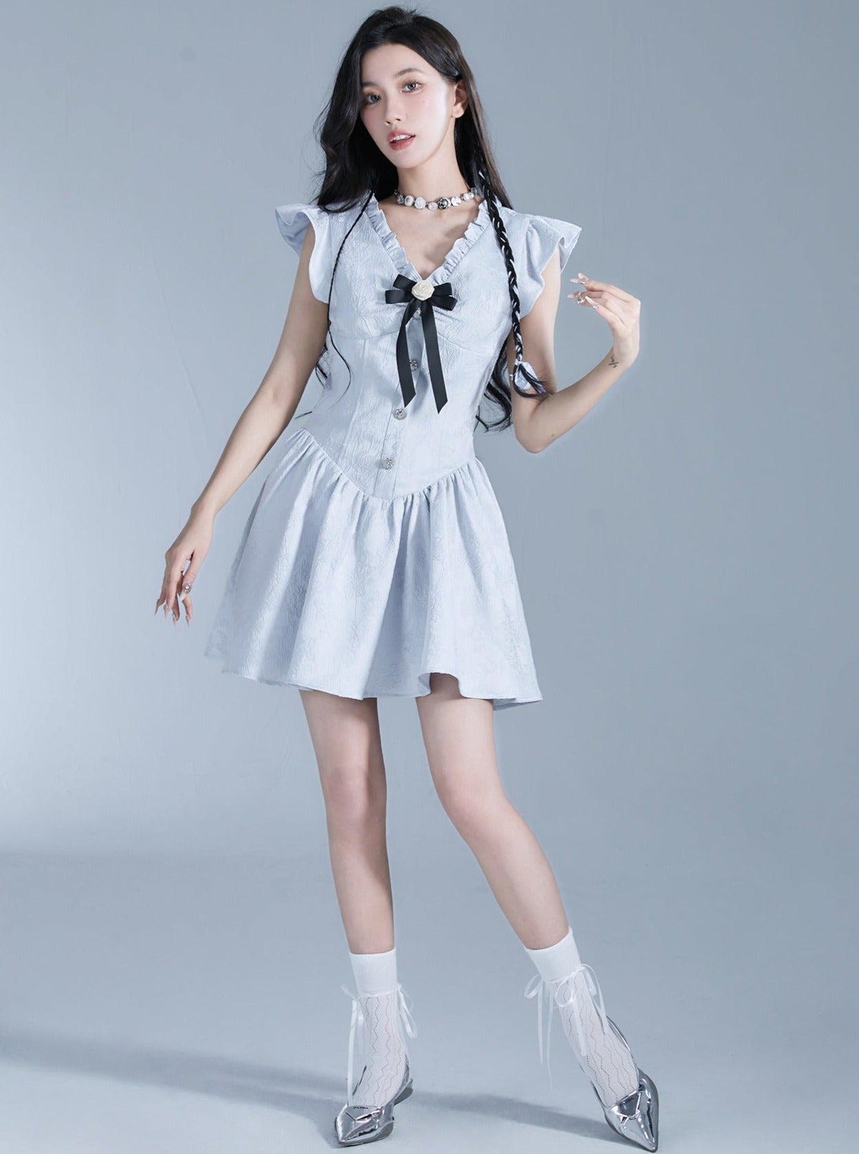 Sweet Lolita Flutter Sleeve Mini Dress with Bow Detail