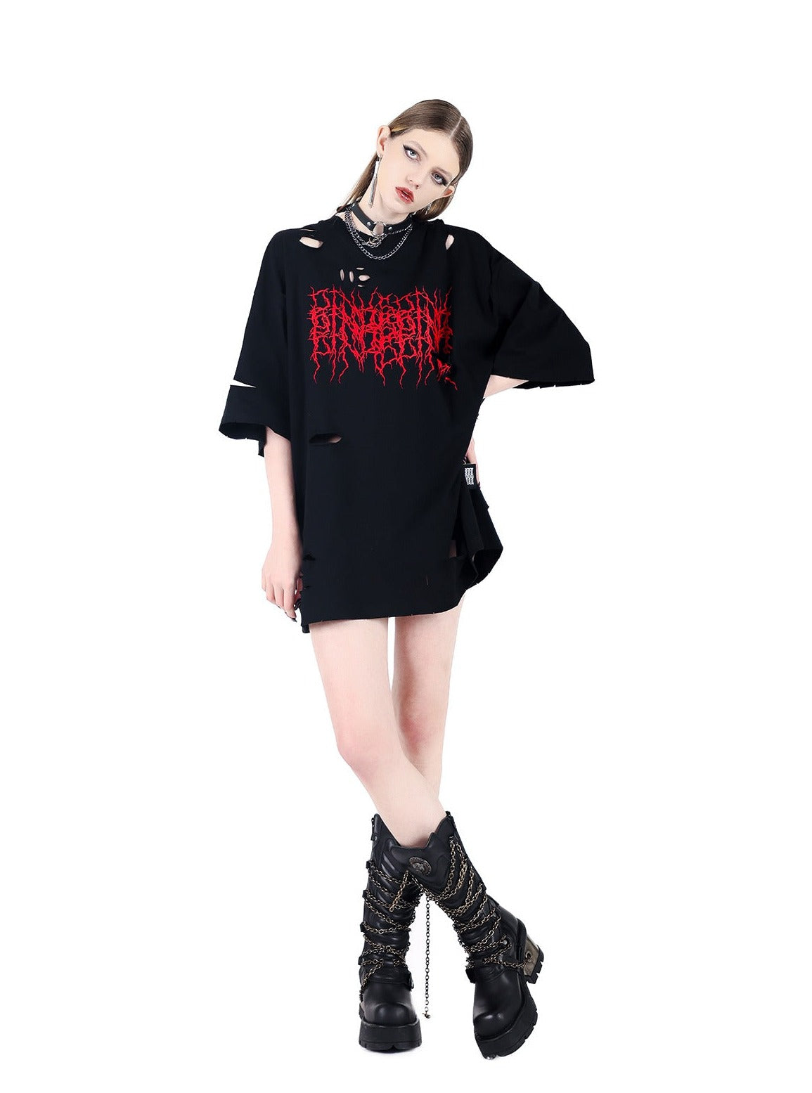 PINKSPINK Distressed Metal Band Oversized Tee - Black