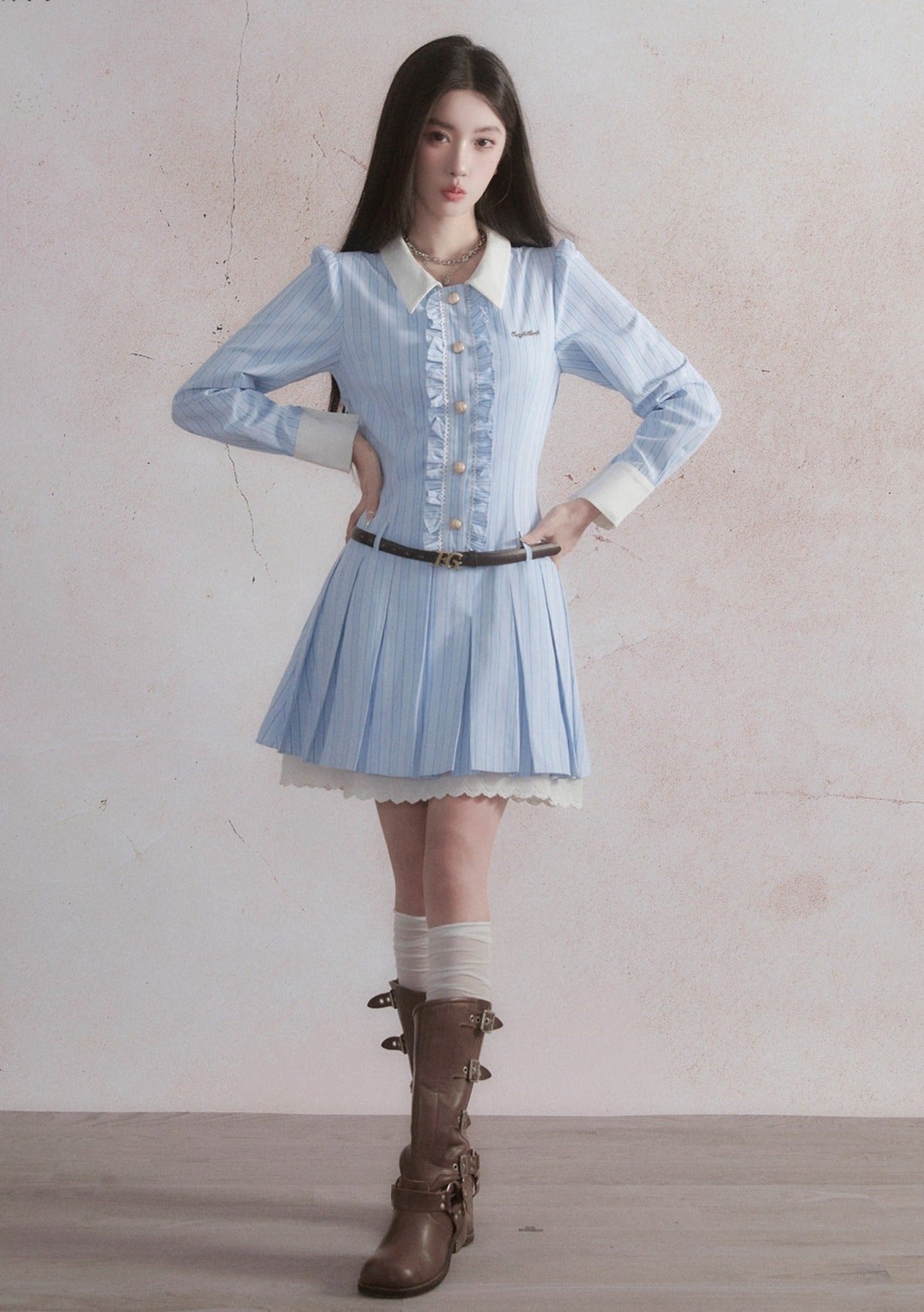 Vintage-Inspired Ruffled Chambray Mini Dress with Belt