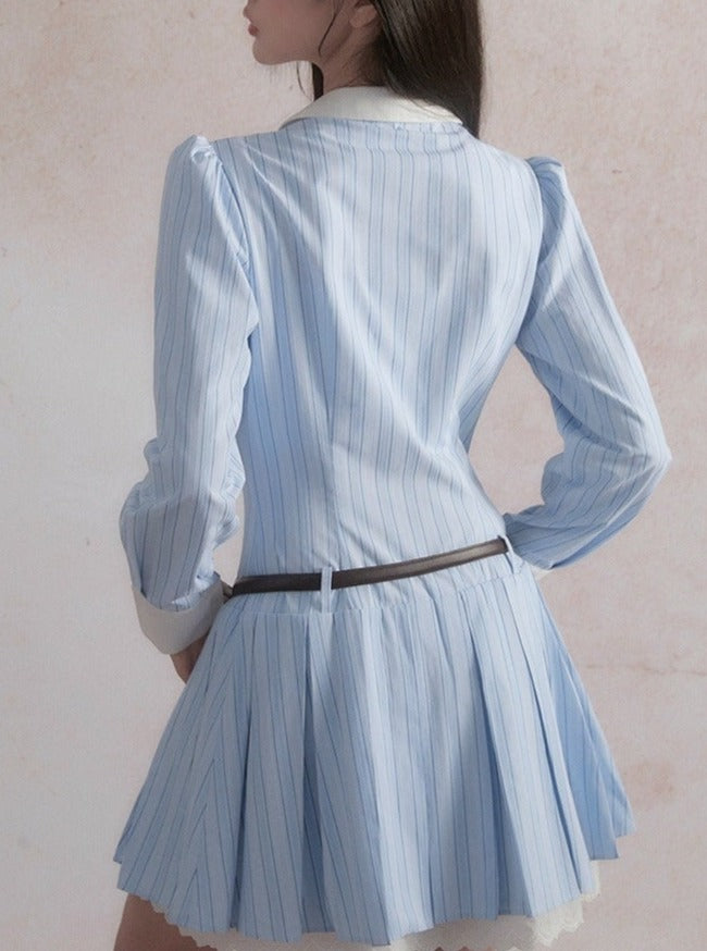 Vintage-Inspired Ruffled Chambray Mini Dress with Belt