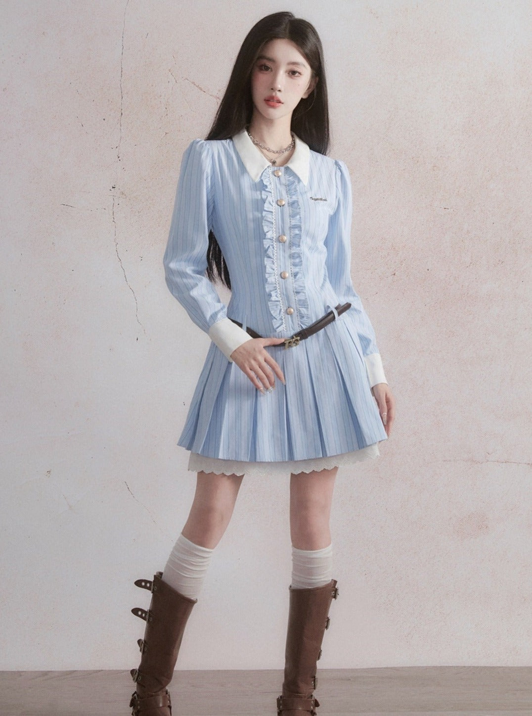 Vintage-Inspired Ruffled Chambray Mini Dress with Belt