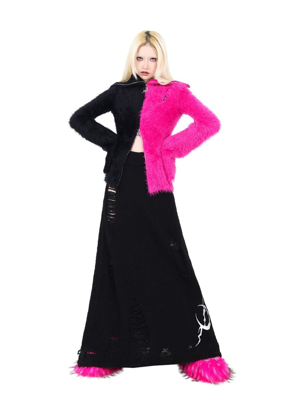 PINKSPINK Two-Tone Fuzzy Cropped Hoodie Cardigan - Black/Hot Pink