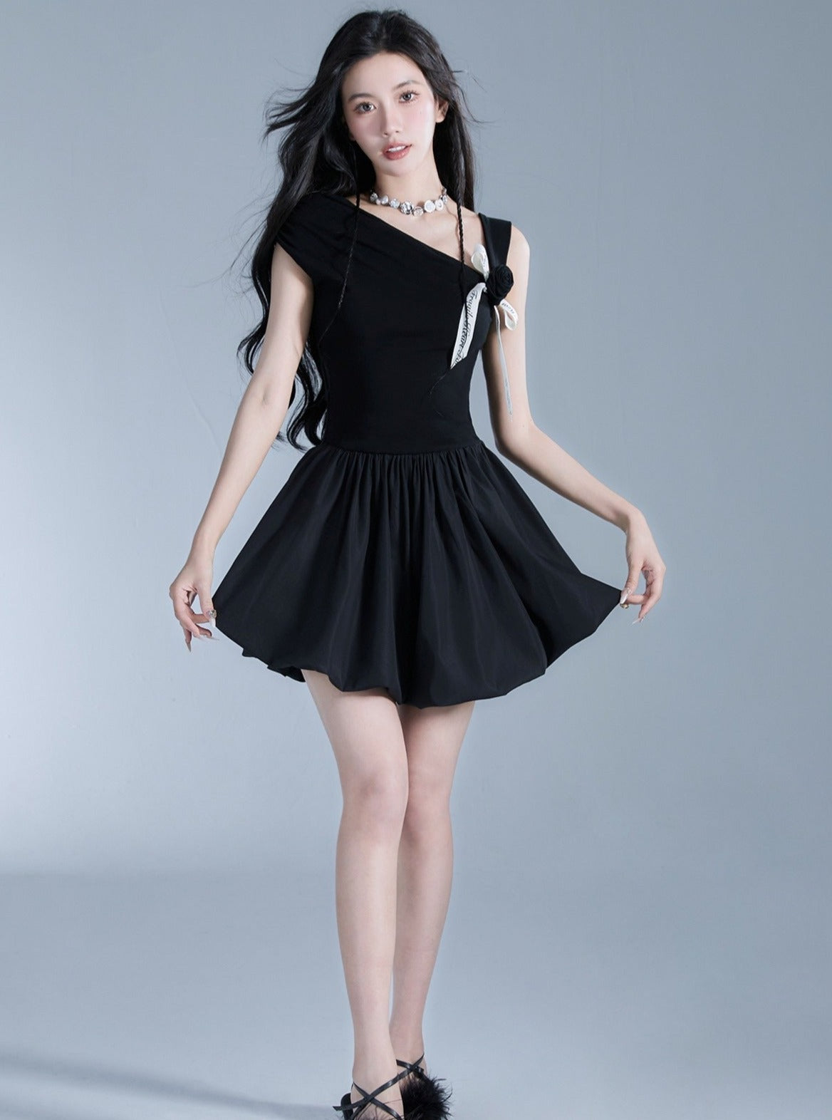 Elegant Off-Shoulder Black Mini Dress with Contrast Bow Detail