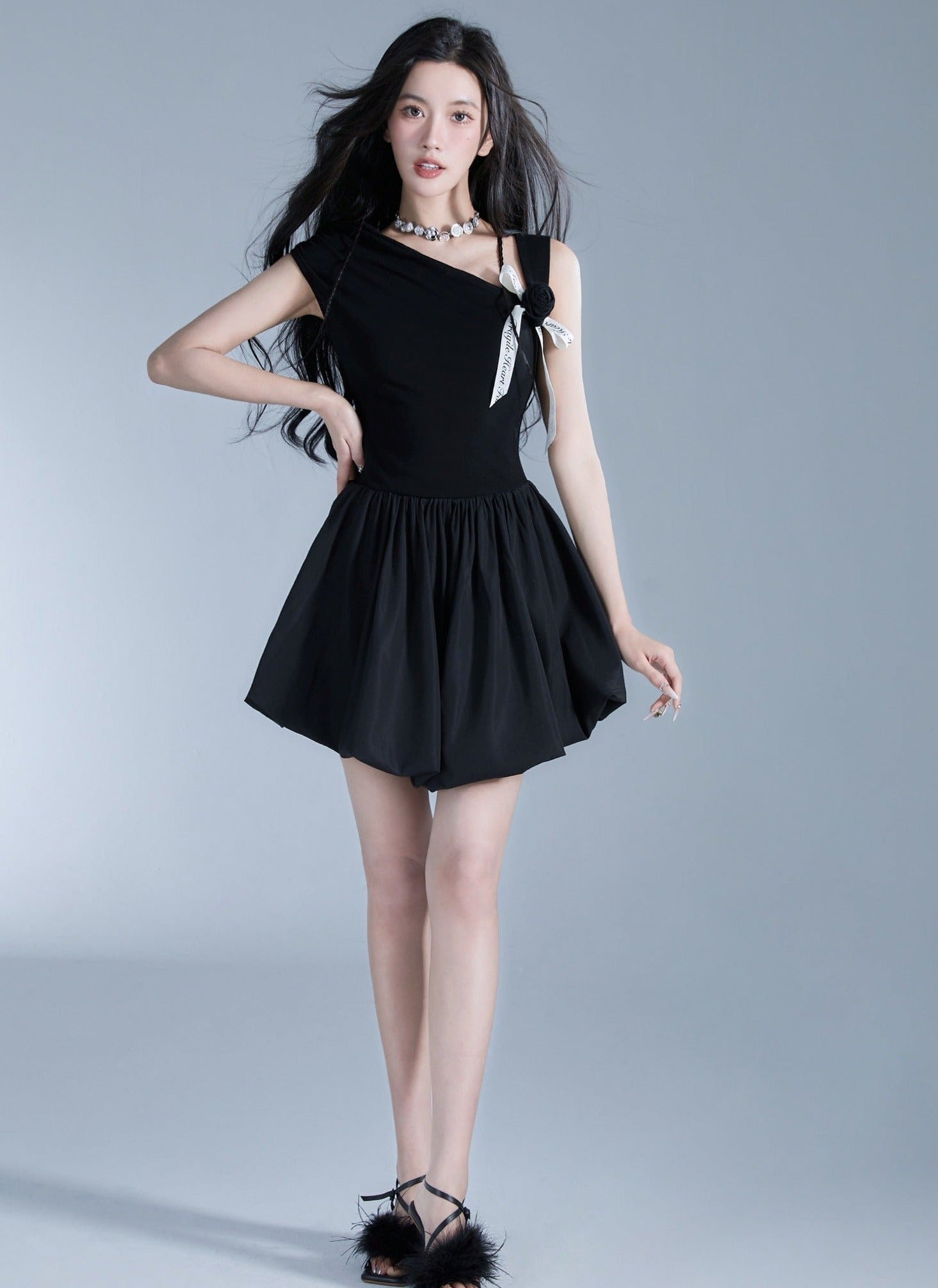 Elegant Off-Shoulder Black Mini Dress with Contrast Bow Detail