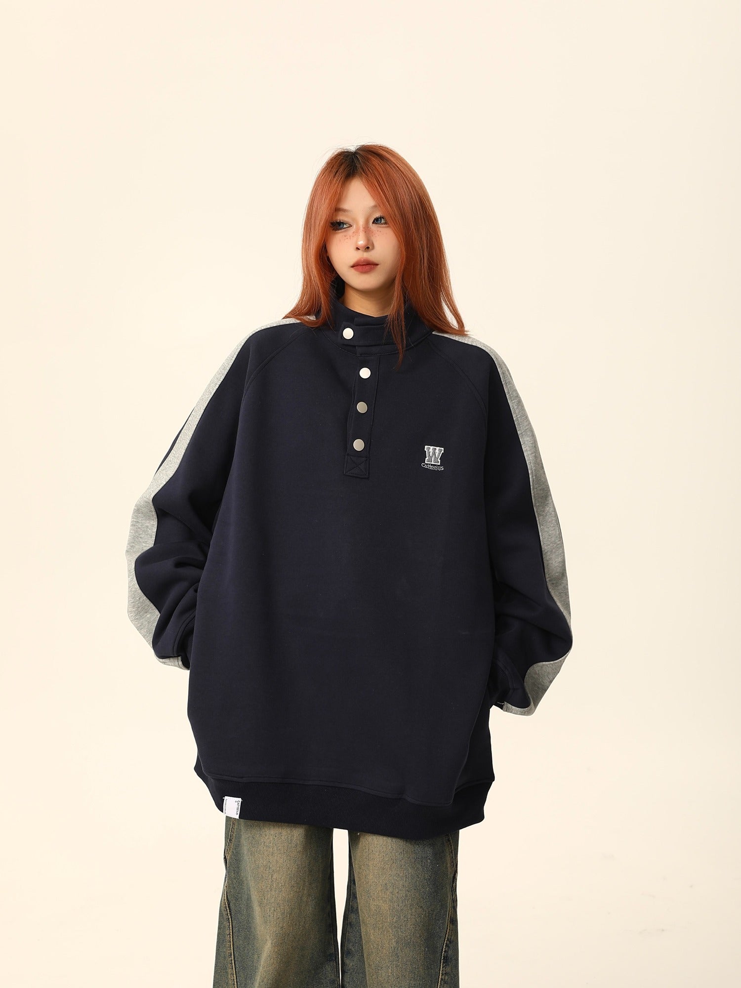 W California High-Neck Button Sweatshirt Coat