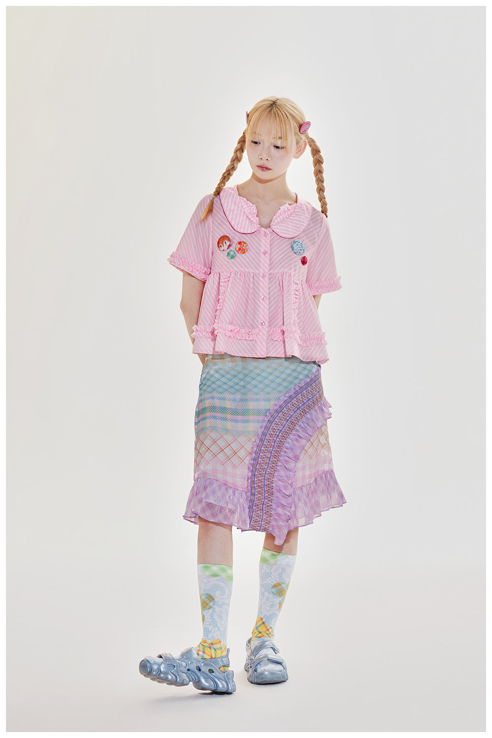 Pastel Plaid Ruffle Asymmetric Midi Skirt