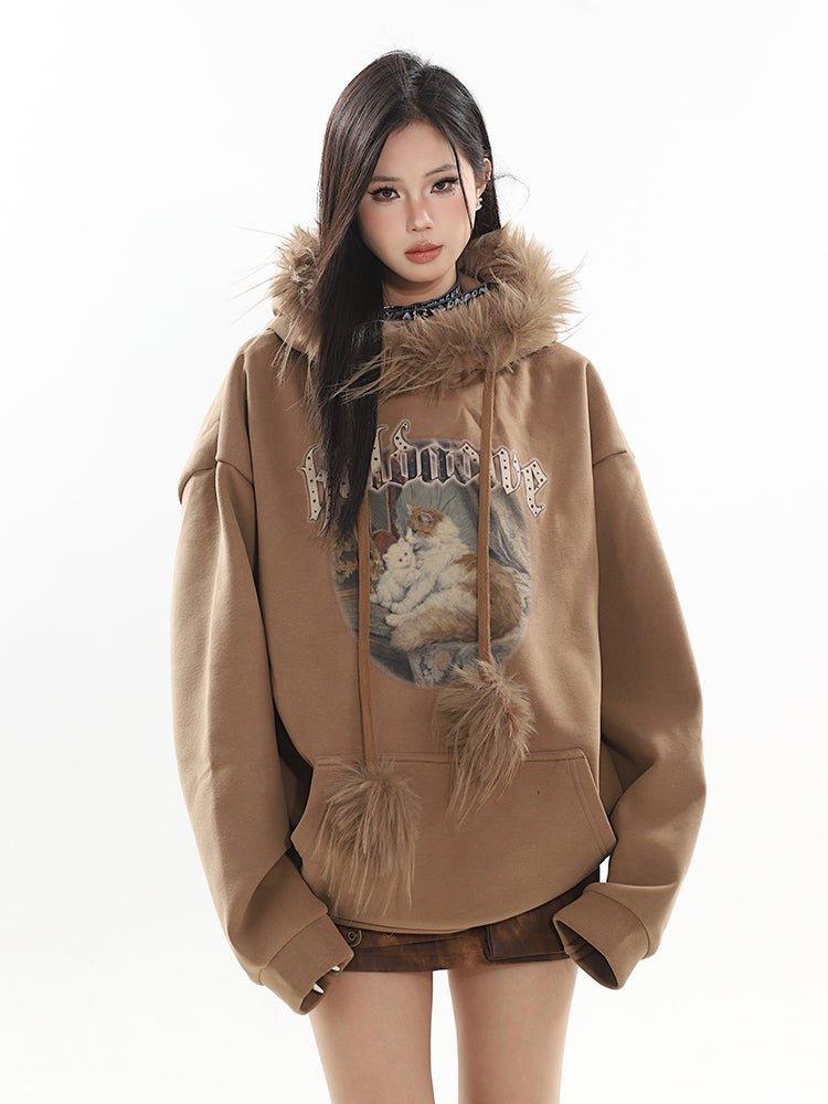 Cat Pattern Faux Fur Hooded Oversized Top - chiclara