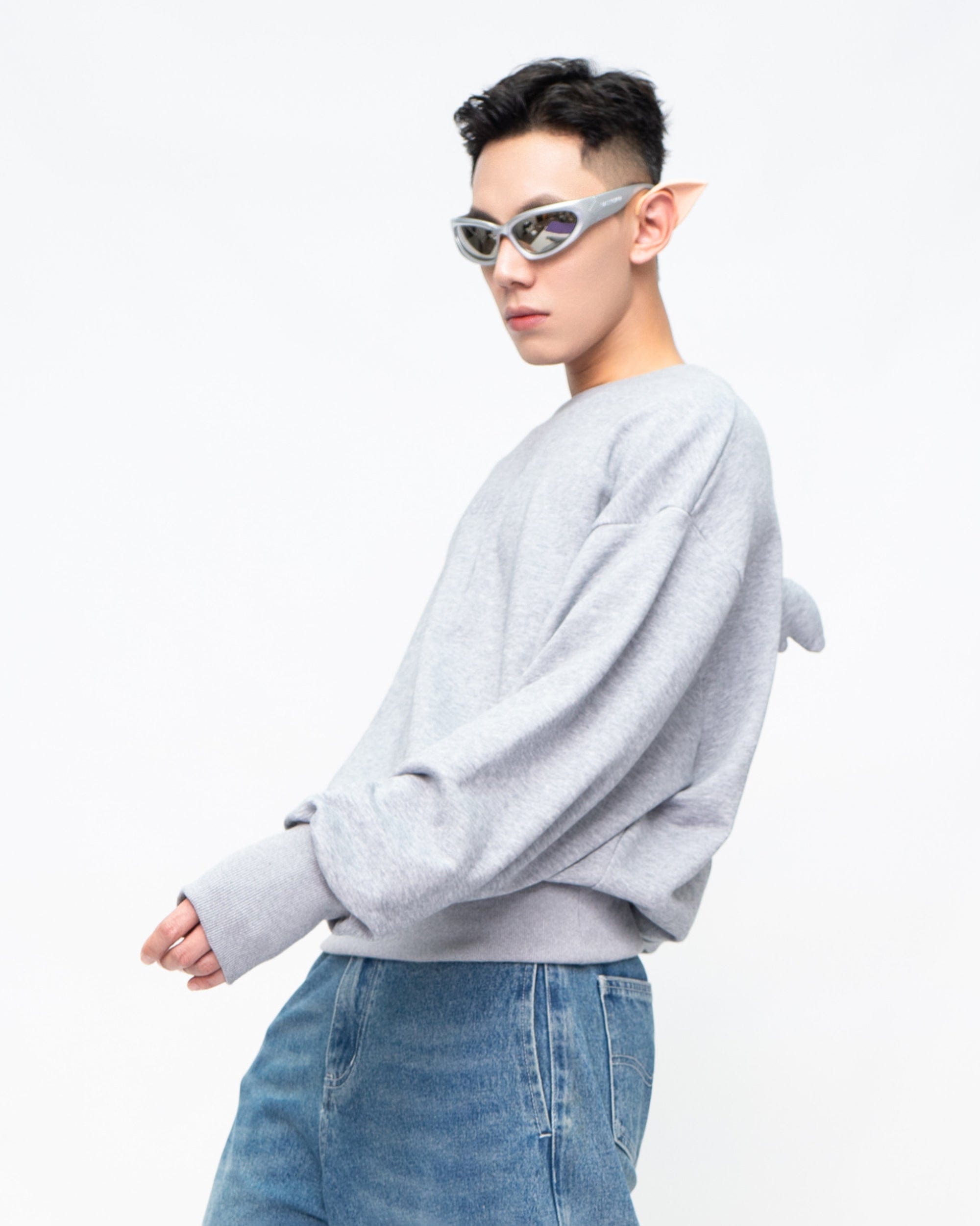 Grey Sweatshirt with Angel Wings Details on the Back