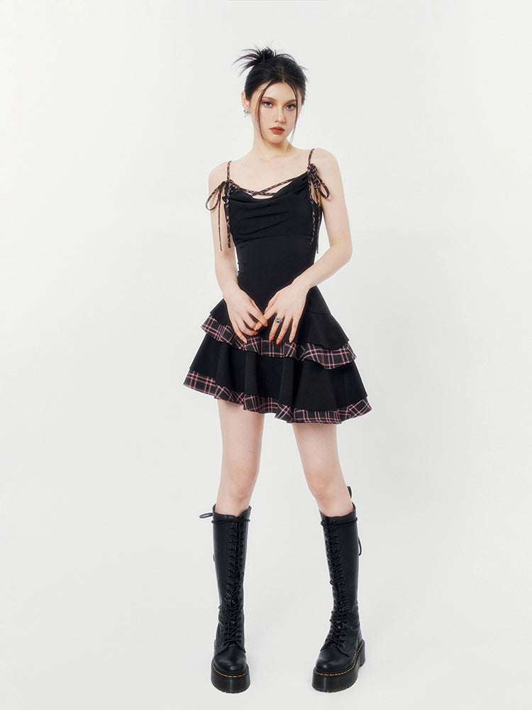 Plaid Trim Ruffle Gothic Dress