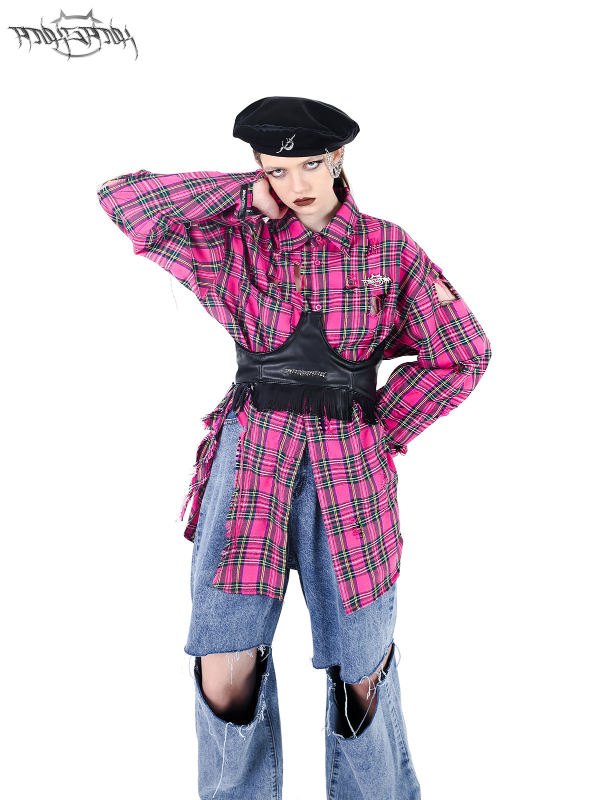 PINKSPINK Punk Plaid Oversized Shirt - Hot Pink