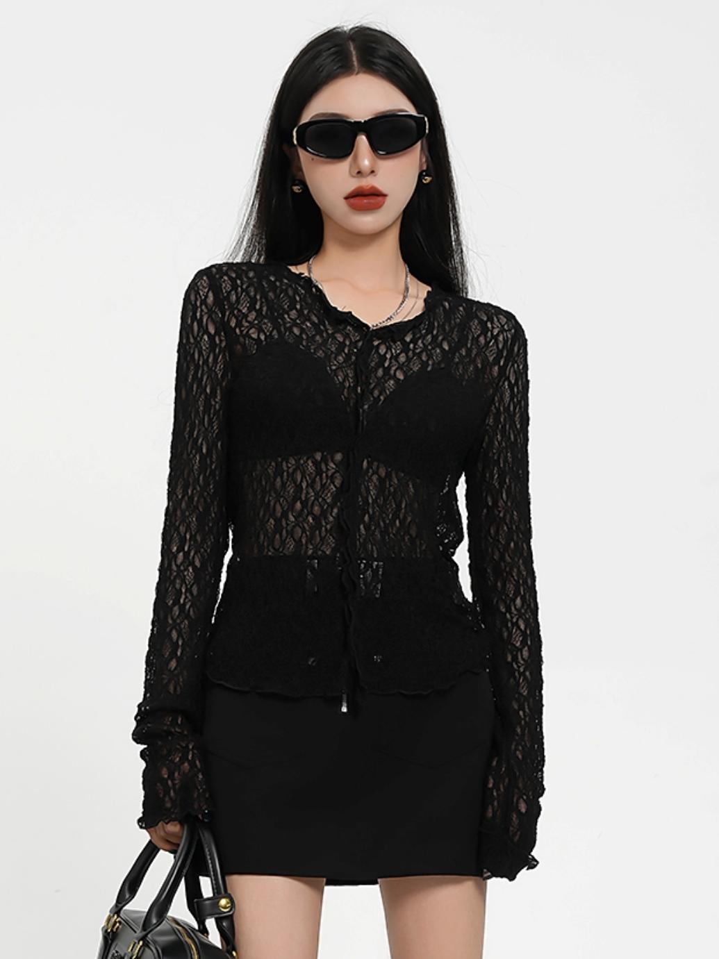 Sheer Lace Long Sleeve Crop Top - Gothic Mesh V-Neck Blouse