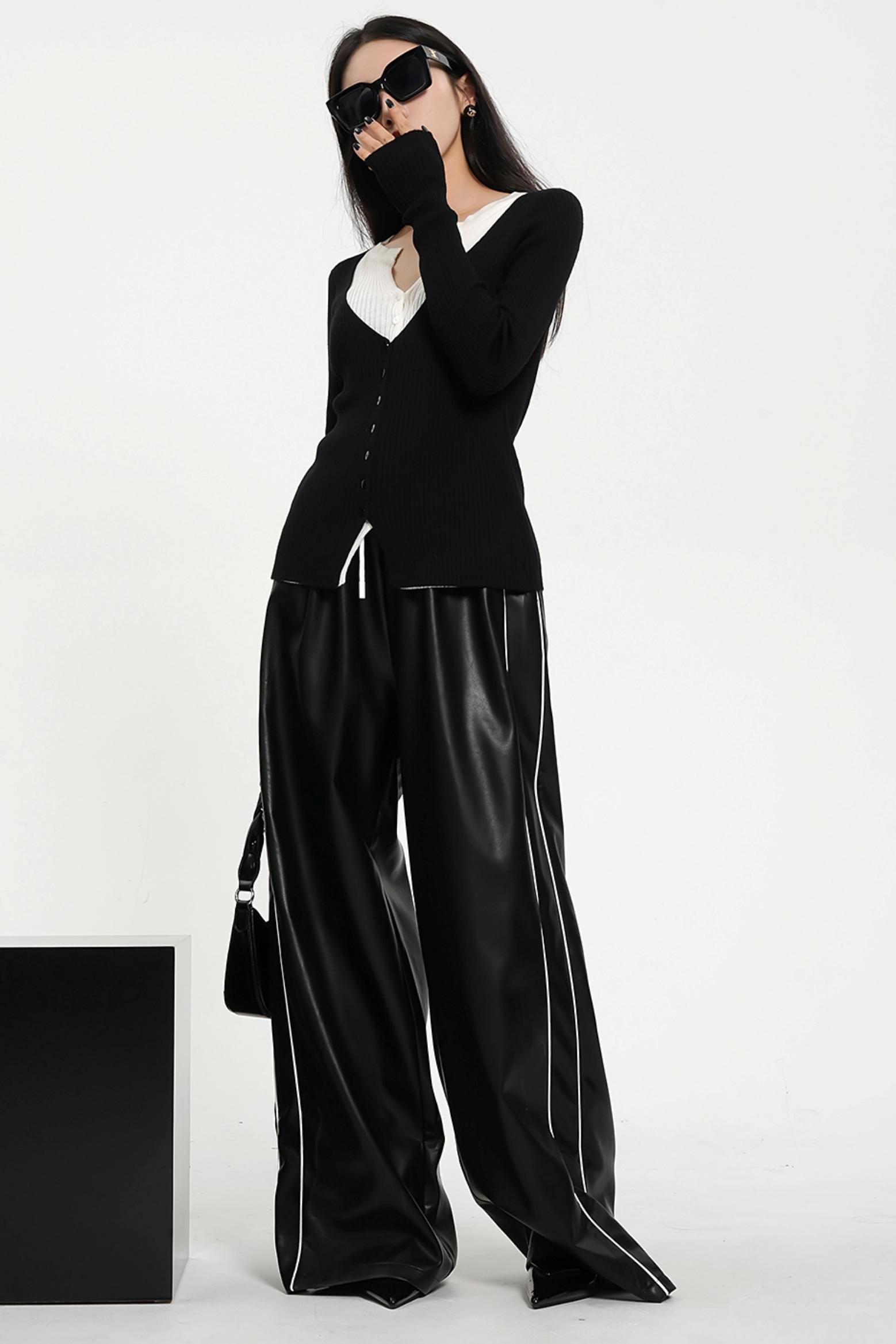 Luxe Satin-Look Drawstring Pants - Wide Leg Striped Track Bottoms