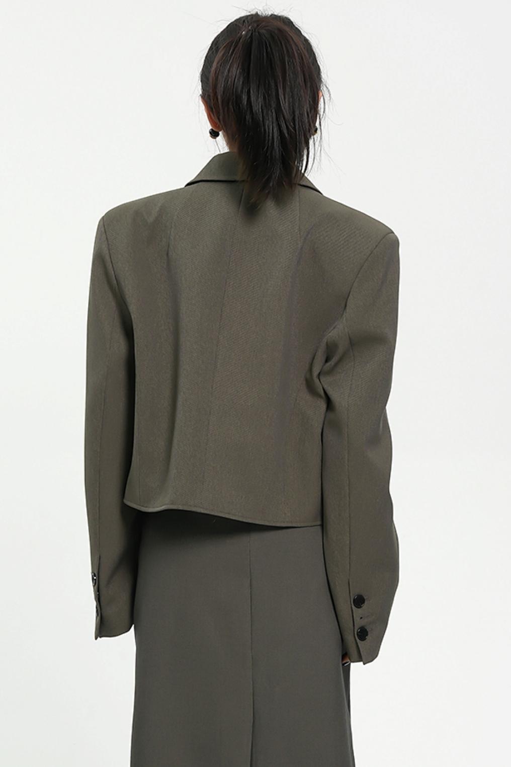 Olive Green Oversized Blazer - Double-Breasted Cropped Suit Jacket