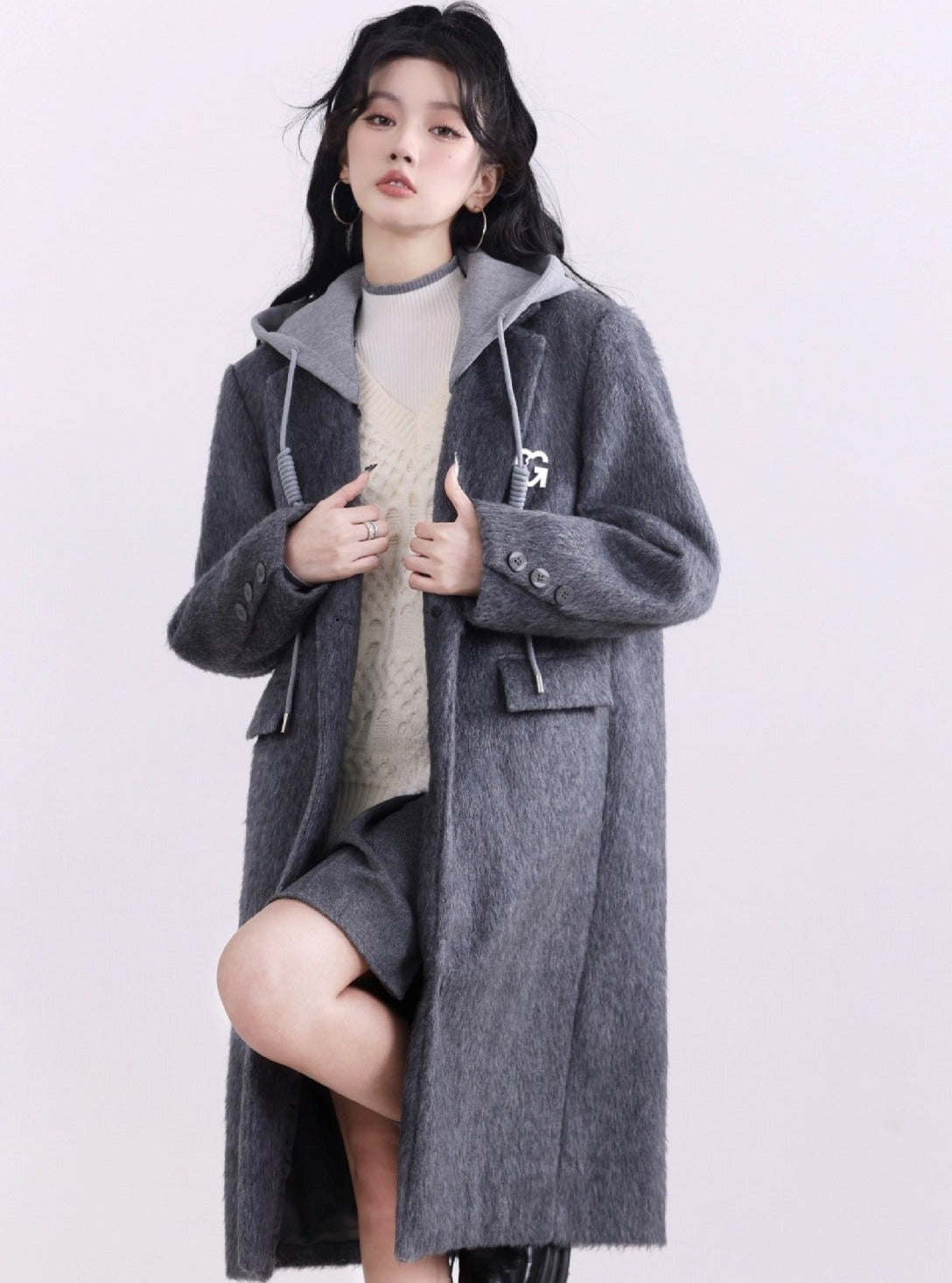 Charcoal Gray Hooded Denim Long Coat