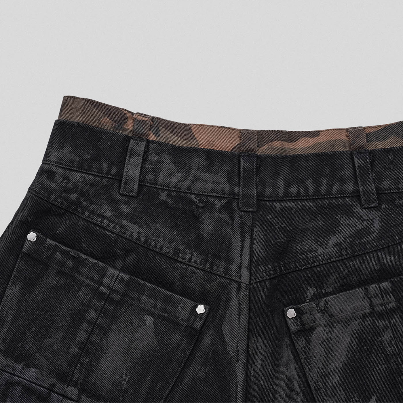 Layered Distressed Black Camo Shorts