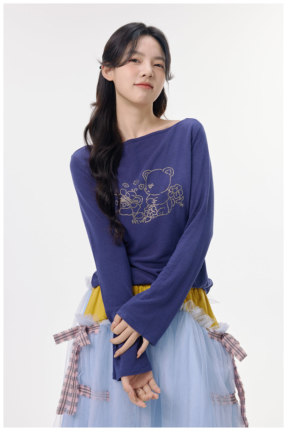 Rhinestone Bear Navy Bell Sleeve Top
