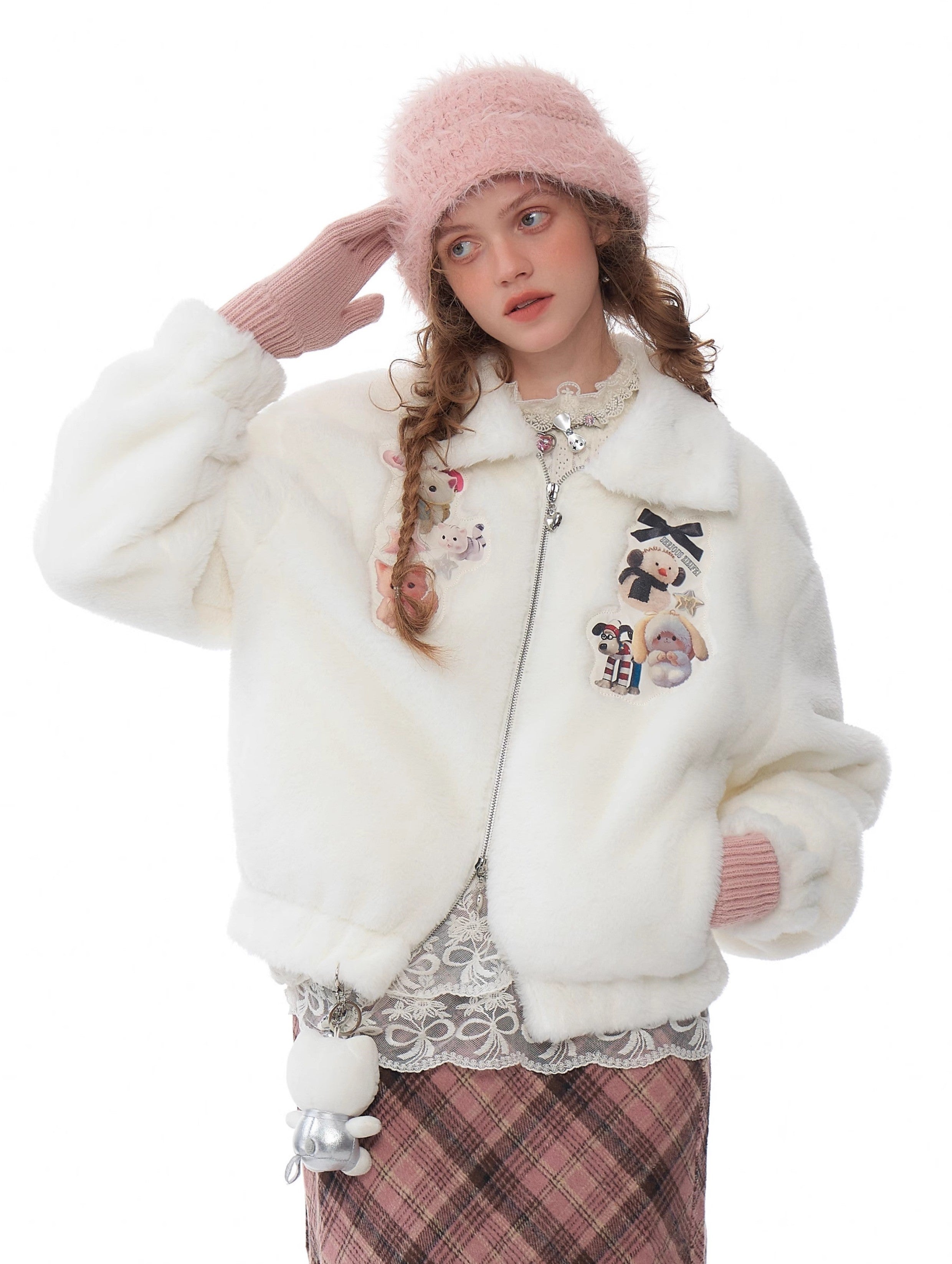 Sweet Animal Patch Faux Fur Jacket