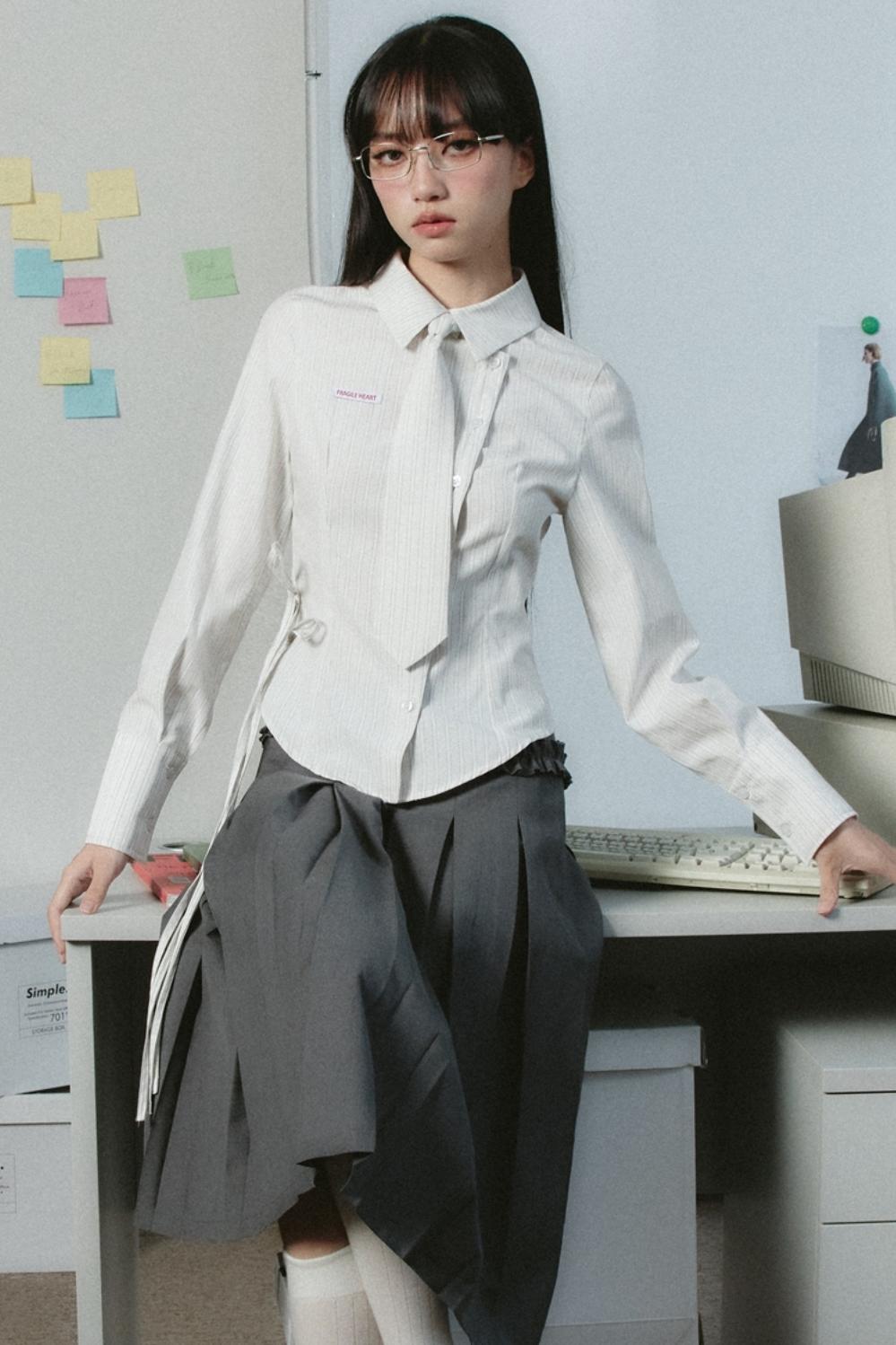 Avant-Garde Asymmetric White Button-Up Shirt with Side Tie Detail