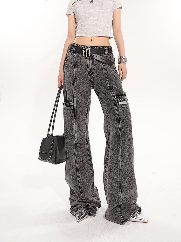 Full-Length Washed and Distressed Straight-Leg Jeans - chiclara