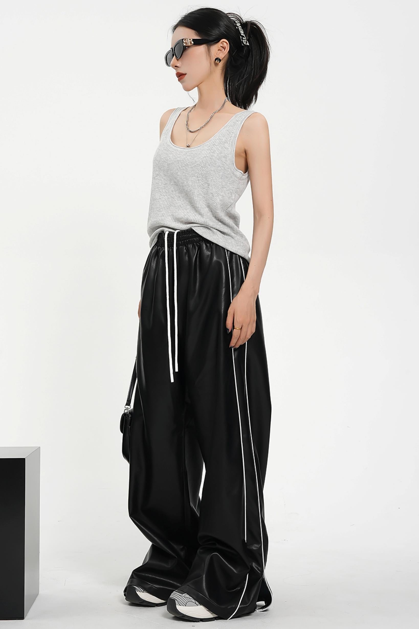 Luxe Satin-Look Drawstring Pants - Wide Leg Striped Track Bottoms