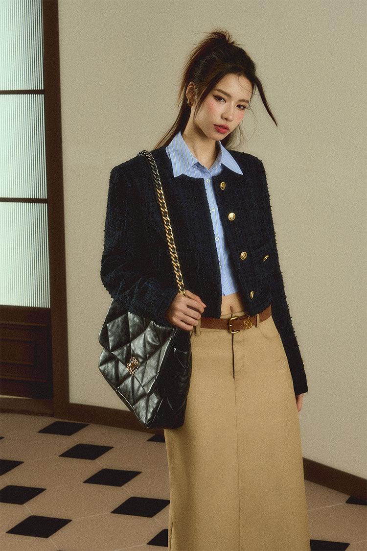 Cropped Tweed Jacket: Navy Blue Boucle with Gold Button Detail and Logo Embroidery