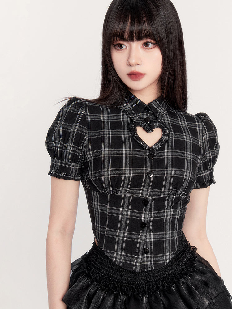 Heart Cutout Plaid Top