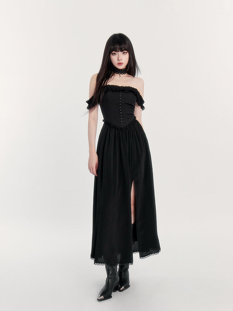 Off-Shoulder Gothic Dress with Lace Trim