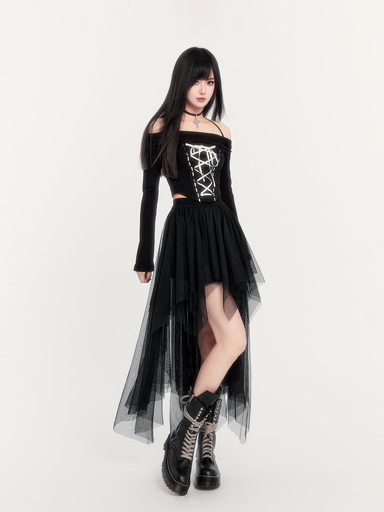 Off-Shoulder Gothic Corset Top and Asymmetric Tulle Skirt