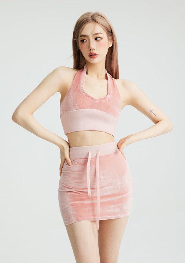 Velvet Halter Tank Top & Skirt Sports Two-Piece Set