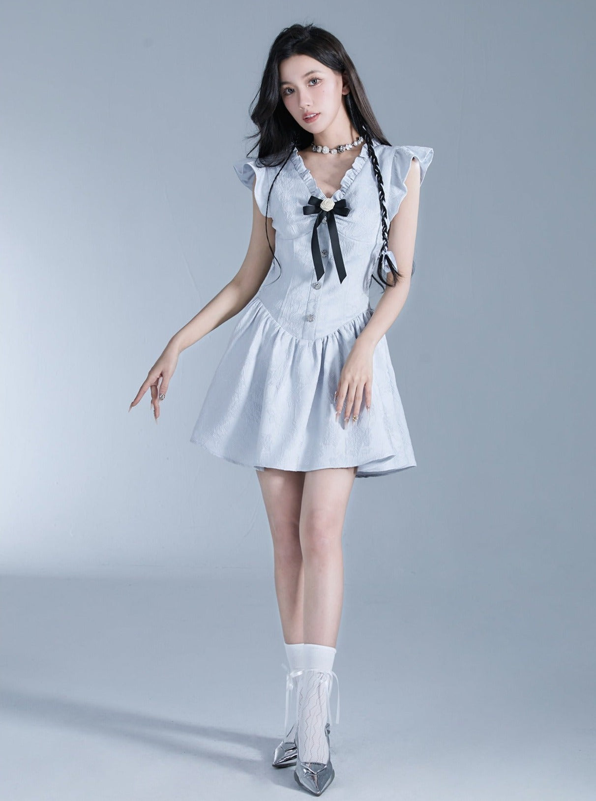 Sweet Lolita Flutter Sleeve Mini Dress with Bow Detail