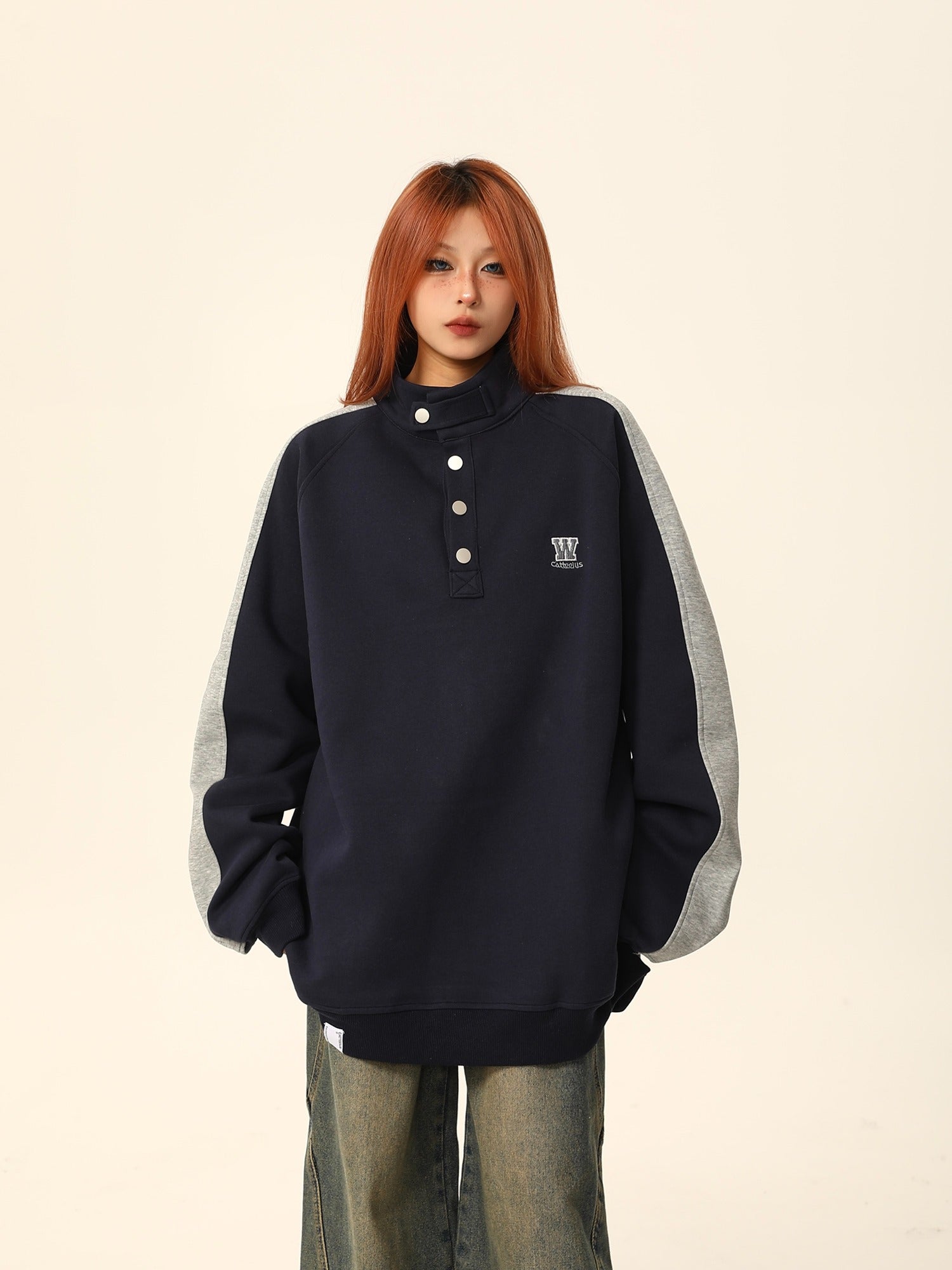 W California High-Neck Button Sweatshirt Coat