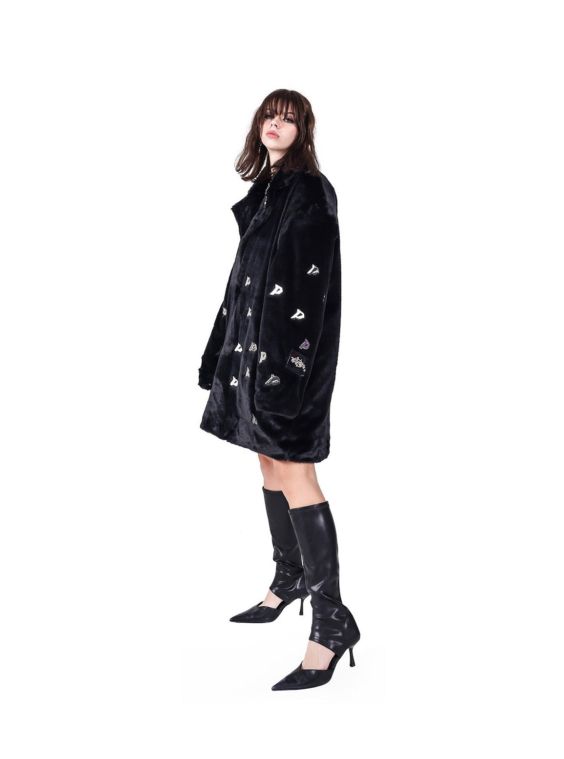 PINKSPINK Embroidered Ghost Faux Fur Coat - Black